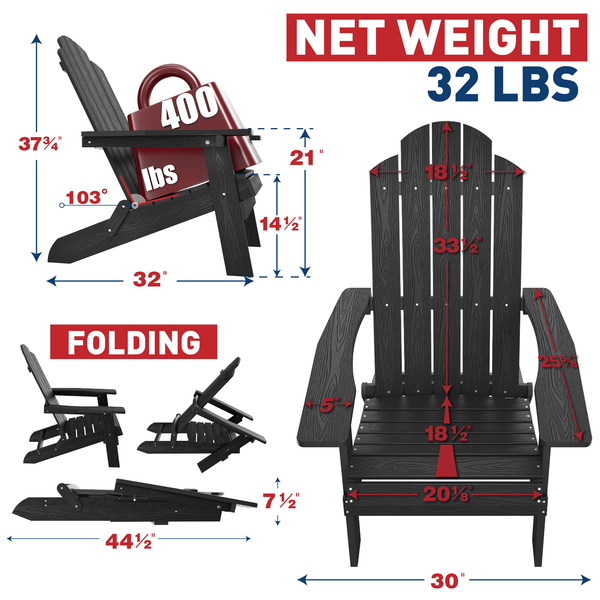Outdoor Adirondack Chair, Foldable Plastic Patio Chairs for Fire Pits, Gardens, Decks, Seaside. Weather Resistant, Waterproof, Easy to Assemble （Set of 4）