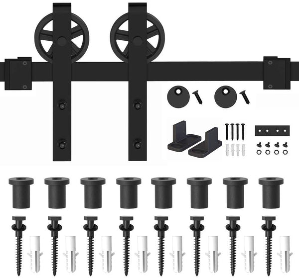 ZEKOO 4-10FT Black Rustic Big Wheel Design Retro Wood Sliding Barn Door Hardware Interior Flat Tracks Kits for Single Door