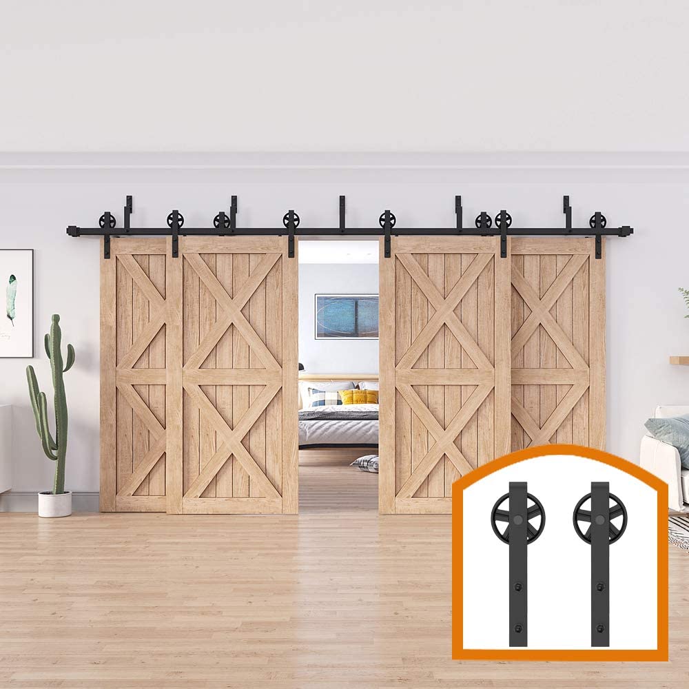 ZEKOO Rustic 8-18 FT Bypass 4 Doors Barn Door Hardware Sliding Black Steel Big Wheel Roller Track