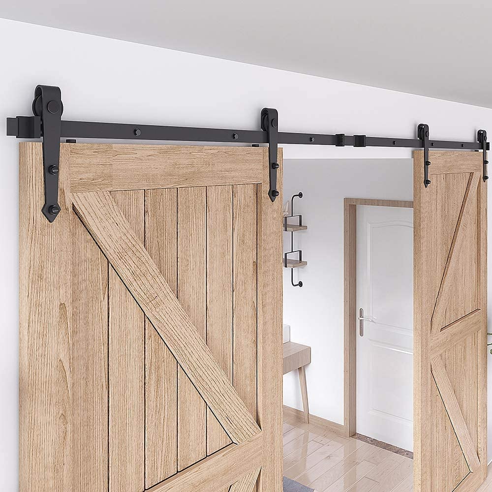 ZEKOO 5-16 FT Arrow Style Rustic Sliding Wood Barn Door Rolling Antique Hardware Flat Tracks Double Doors Kit