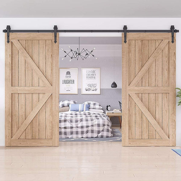 ZEKOO 5-16 FT Arrow Style Rustic Sliding Wood Barn Door Rolling Antique Hardware Flat Tracks Double Doors Kit