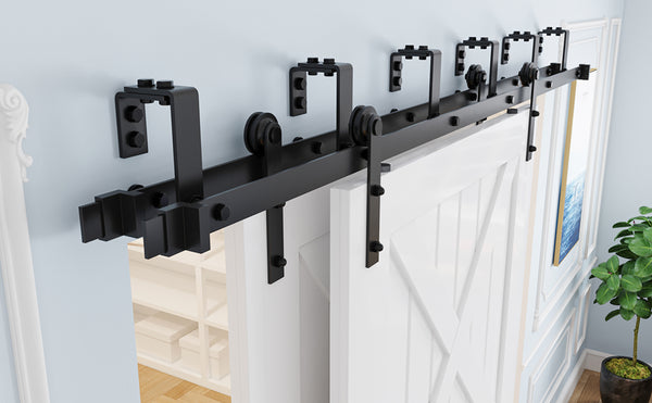 ZEKOO 4FT -16FT Bypass Sliding Barn Door Hardware Black Steel Low Ceiling Hanger Double Track