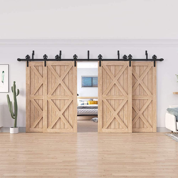 ZEKOO Rustic 8-18 FT Bypass 4 Doors Barn Door Hardware Sliding Black Steel Big Wheel Roller Track