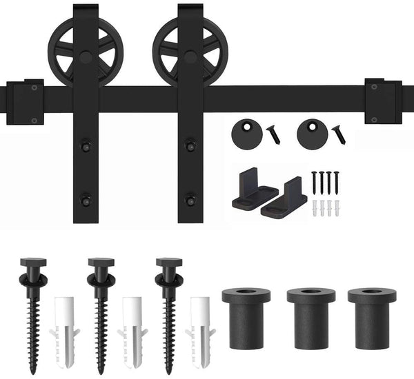 ZEKOO 4-10FT Black Rustic Big Wheel Design Retro Wood Sliding Barn Door Hardware Interior Flat Tracks Kits for Single Door