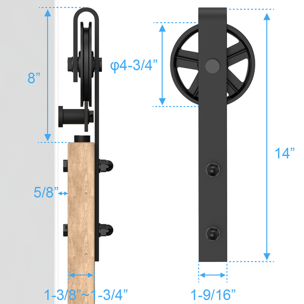 ZEKOO 5-18 FT Barn Door Hardware Basic Black Big Spoke Wheel Roller Kit Garage Closet Carbon Steel Flat Track System