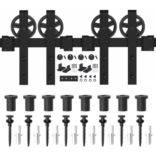 ZEKOO 5-18 FT Barn Door Hardware Basic Black Big Spoke Wheel Roller Kit Garage Closet Carbon Steel Flat Track System