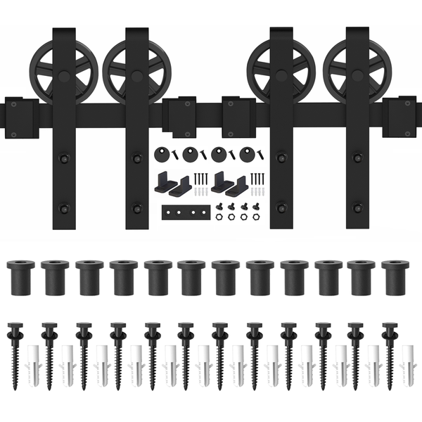 ZEKOO 5-18 FT Barn Door Hardware Basic Black Big Spoke Wheel Roller Kit Garage Closet Carbon Steel Flat Track System