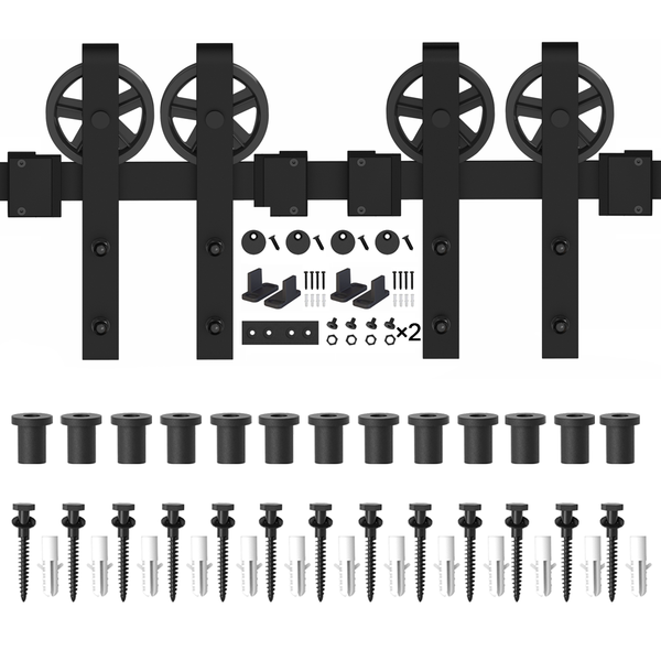 ZEKOO 5-18 FT Barn Door Hardware Basic Black Big Spoke Wheel Roller Kit Garage Closet Carbon Steel Flat Track System