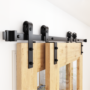 ZEKOO 5-12ft Bypass Sliding Barn Door Hardware Kit, Single Track, Double Wooden Doors Use, Flat Track Roller, One-Piece Rail, Low Ceiling