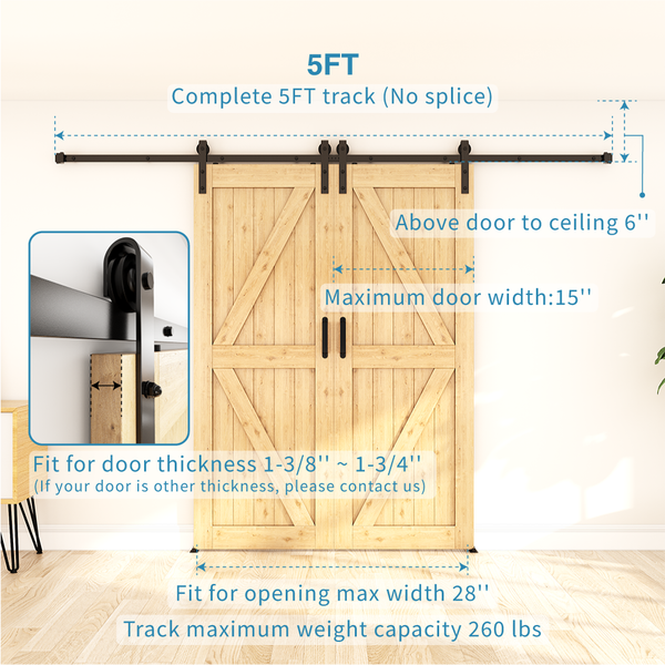 ZEKOO 5-16 FT Double Sliding Barn Door Hardware Slide Hanger Roller Track Kit