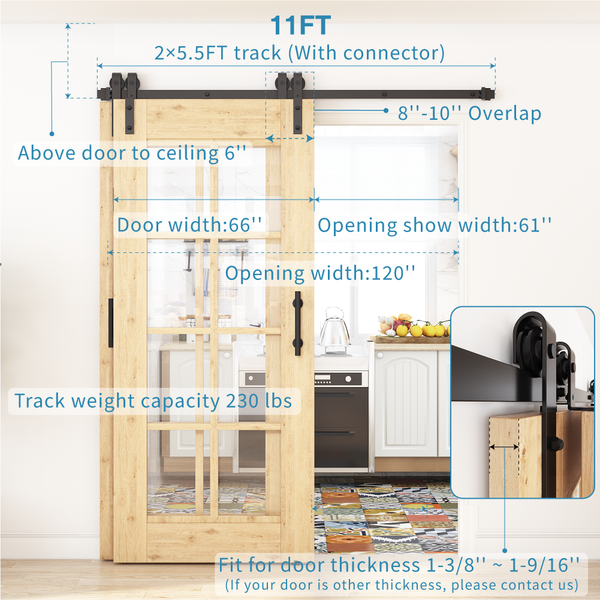 ZEKOO 5-12ft Bypass Sliding Barn Door Hardware Kit, Single Track, Double Wooden Doors Use, Flat Track Roller, One-Piece Rail, Low Ceiling