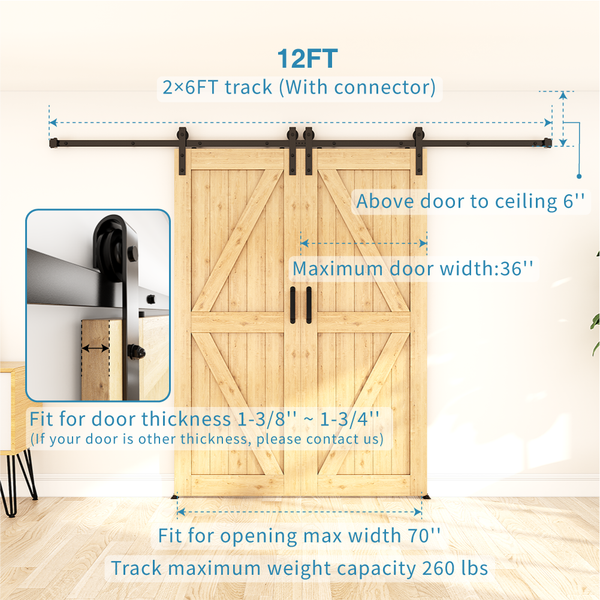 ZEKOO 5-16 FT Double Sliding Barn Door Hardware Slide Hanger Roller Track Kit