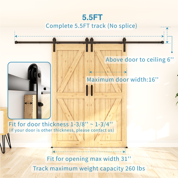 ZEKOO 5-16 FT Double Sliding Barn Door Hardware Slide Hanger Roller Track Kit