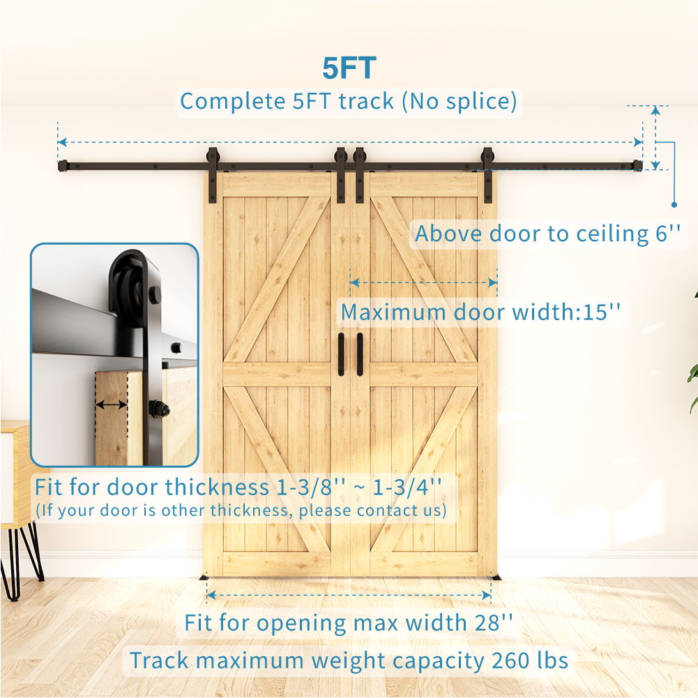 ZEKOO 5-16 FT Double Sliding Barn Door Hardware Slide Hanger Roller Track Kit