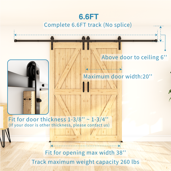 ZEKOO 5-16 FT Double Sliding Barn Door Hardware Slide Hanger Roller Track Kit