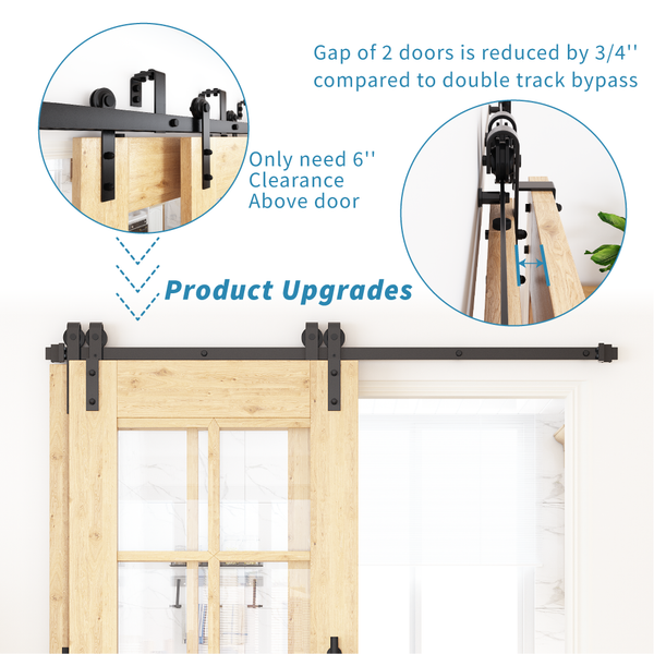 ZEKOO 5-12ft Bypass Sliding Barn Door Hardware Kit, Single Track, Double Wooden Doors Use, Flat Track Roller, One-Piece Rail, Low Ceiling