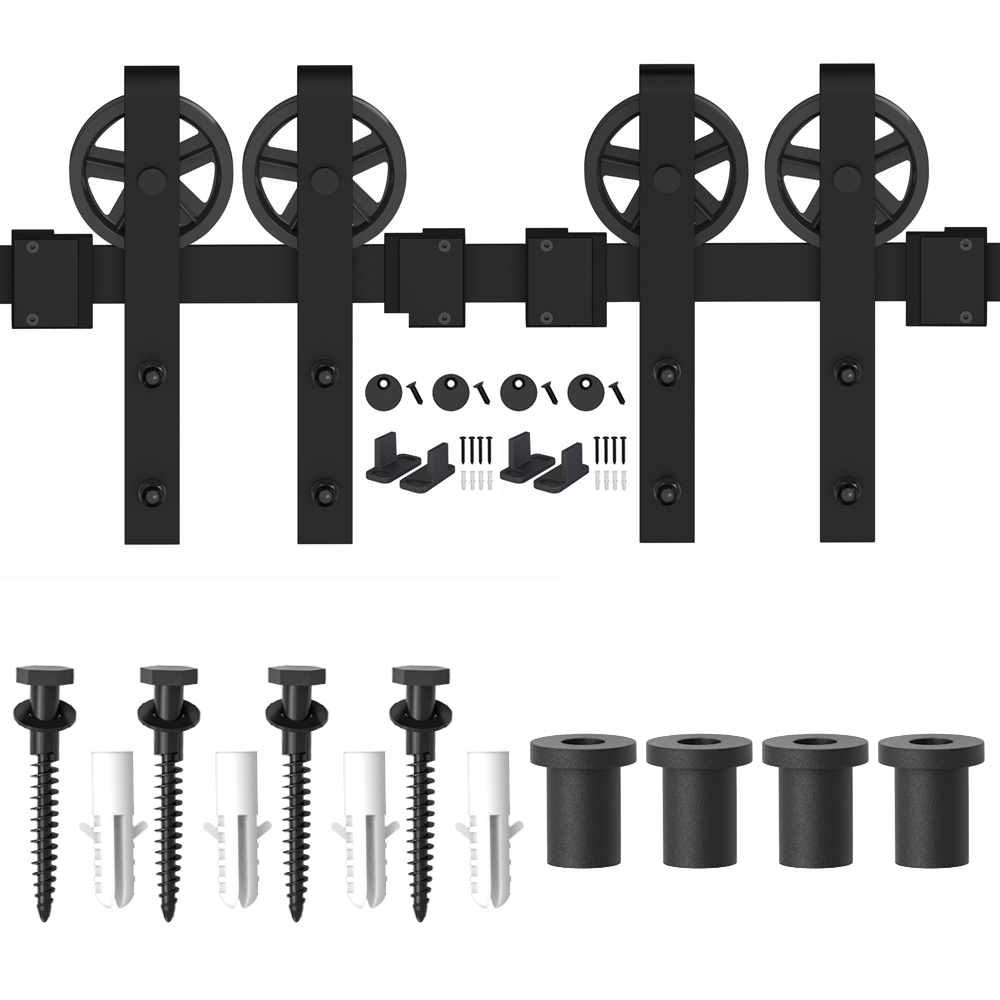 ZEKOO 5-18 FT Barn Door Hardware Basic Black Big Spoke Wheel Roller Kit Garage Closet Carbon Steel Flat Track System