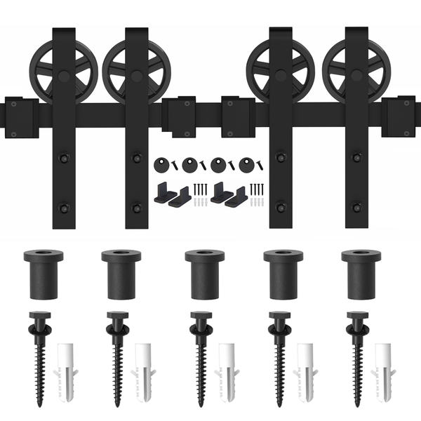 ZEKOO 5-18 FT Barn Door Hardware Basic Black Big Spoke Wheel Roller Kit Garage Closet Carbon Steel Flat Track System