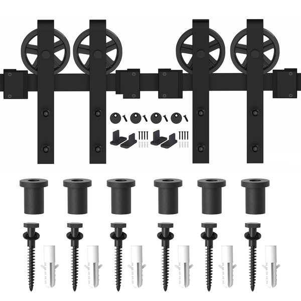 ZEKOO 5-18 FT Barn Door Hardware Basic Black Big Spoke Wheel Roller Kit Garage Closet Carbon Steel Flat Track System