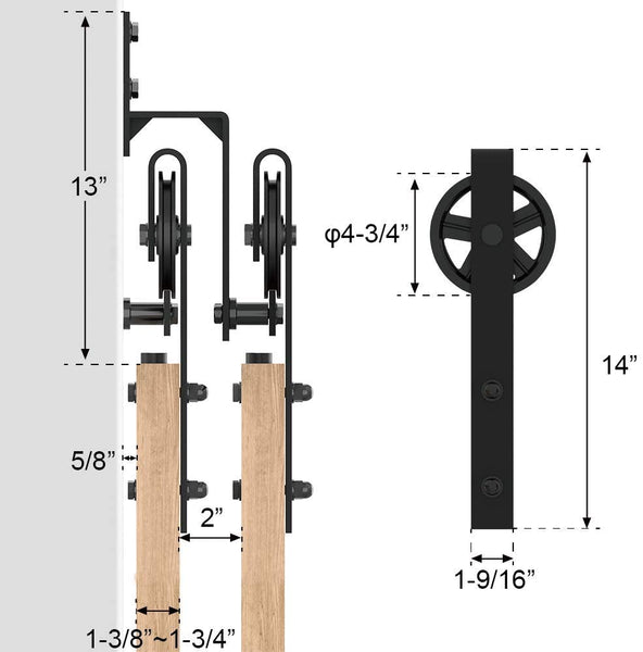 ZEKOO Rustic 8-18 FT Bypass 4 Doors Barn Door Hardware Sliding Black Steel Big Wheel Roller Track