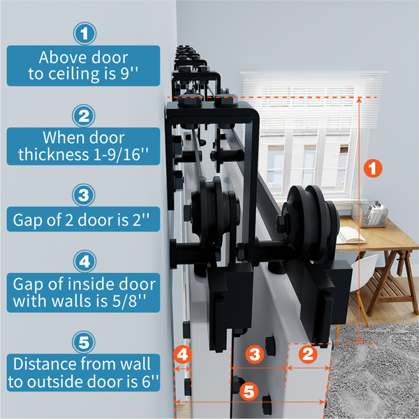 ZEKOO 4FT -16FT Bypass Sliding Barn Door Hardware Black Steel Low Ceiling Hanger Double Track